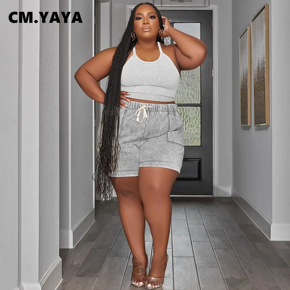 CM. YAYA Plus Size Womens Set Knitted Ribbed Tank Top and Pocket Side Shorts Set Summer INS Two Piece Set 240930