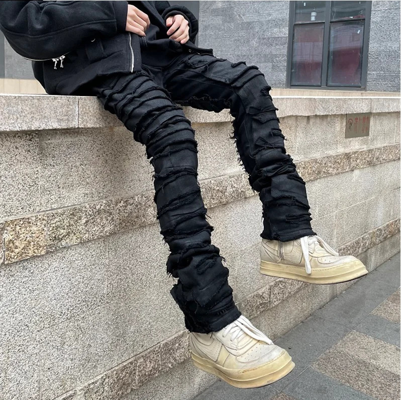 Heavy Industry Hole Frayed Destruction Waxed Jeans Mens High Street Retro Straight Ripped Pencil Pants Oversize Denim Trousers 241011
