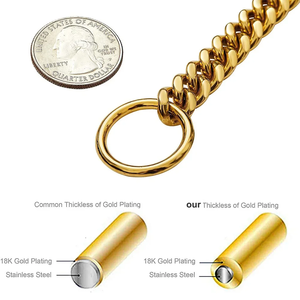 Gold Chain Dog Collar 10mm Fashion Dog Cuban Link Pet Gold Necklace Metal Puppy Jewelry Bulldog P Chain Pet Training Slip Collar