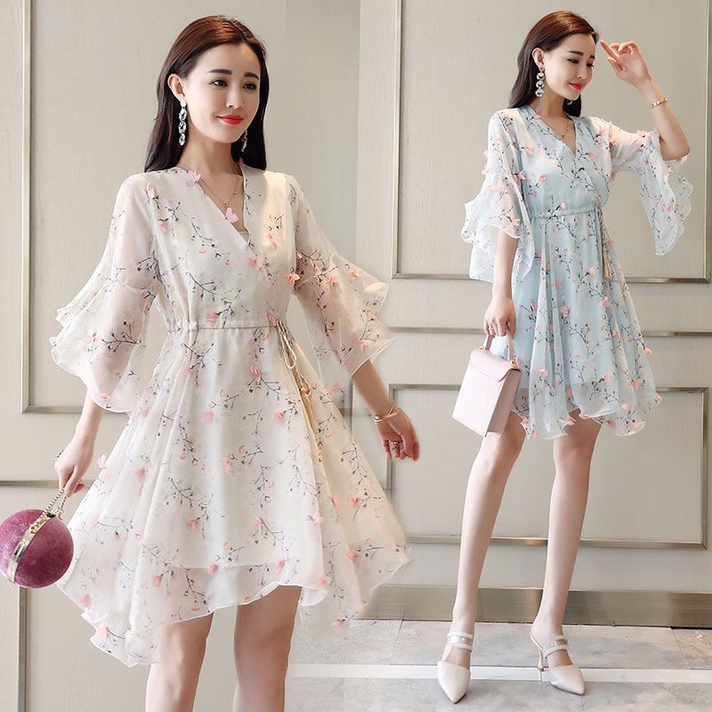 Women V-Neck Floral Printed Chiffon Dresses Summer Short Sleeve Flare Lace Up Mini Dress With Lining Mujer Vestidos 210514