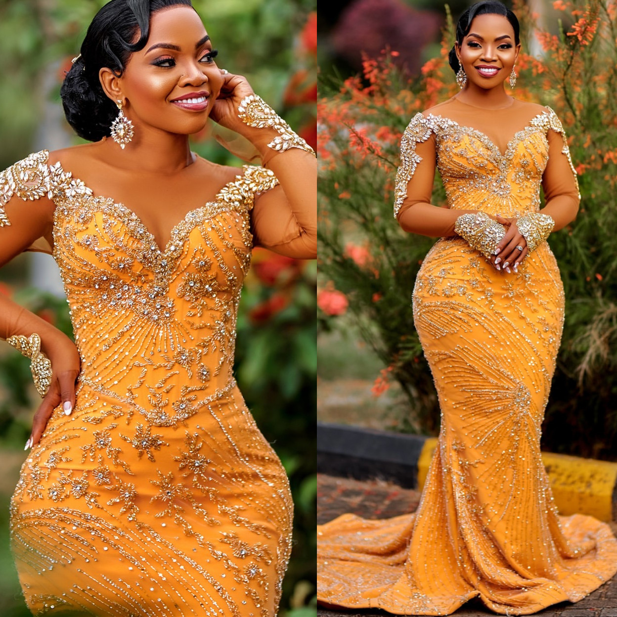 Aso Ebi 2024 Yellow Mermaid Prom Dresses Beaded Rhinestones Sequined Evening Formal Party Second Reception Birthday Gowns Dress For Special Occasions 