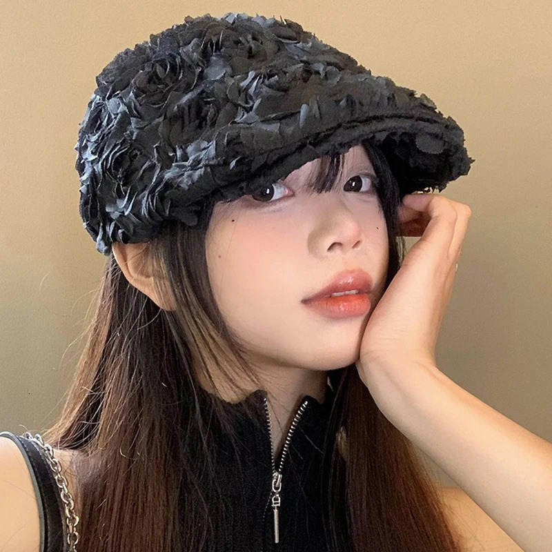 3D Rose Floral Beret Cap For Women Octagonal Hats Ladie sboy Caps Retro Gatsby Hats Hip Hop Berets Cabbie Beret Male Gorras 241009