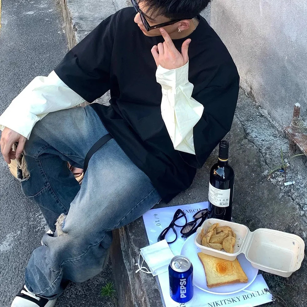 Mens T-Shirt Long Sleeve Y2K Korean Style Two-Piece Contrast Stitching Top Autumn Oversize Casual Pullover MenS Clothing 241011