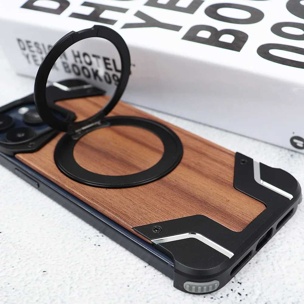 New Arrival Walnut metal case for iPhone 16 15 14 13 Pro 360 rotating ring holder magnetic phone holder protective cover Z241012