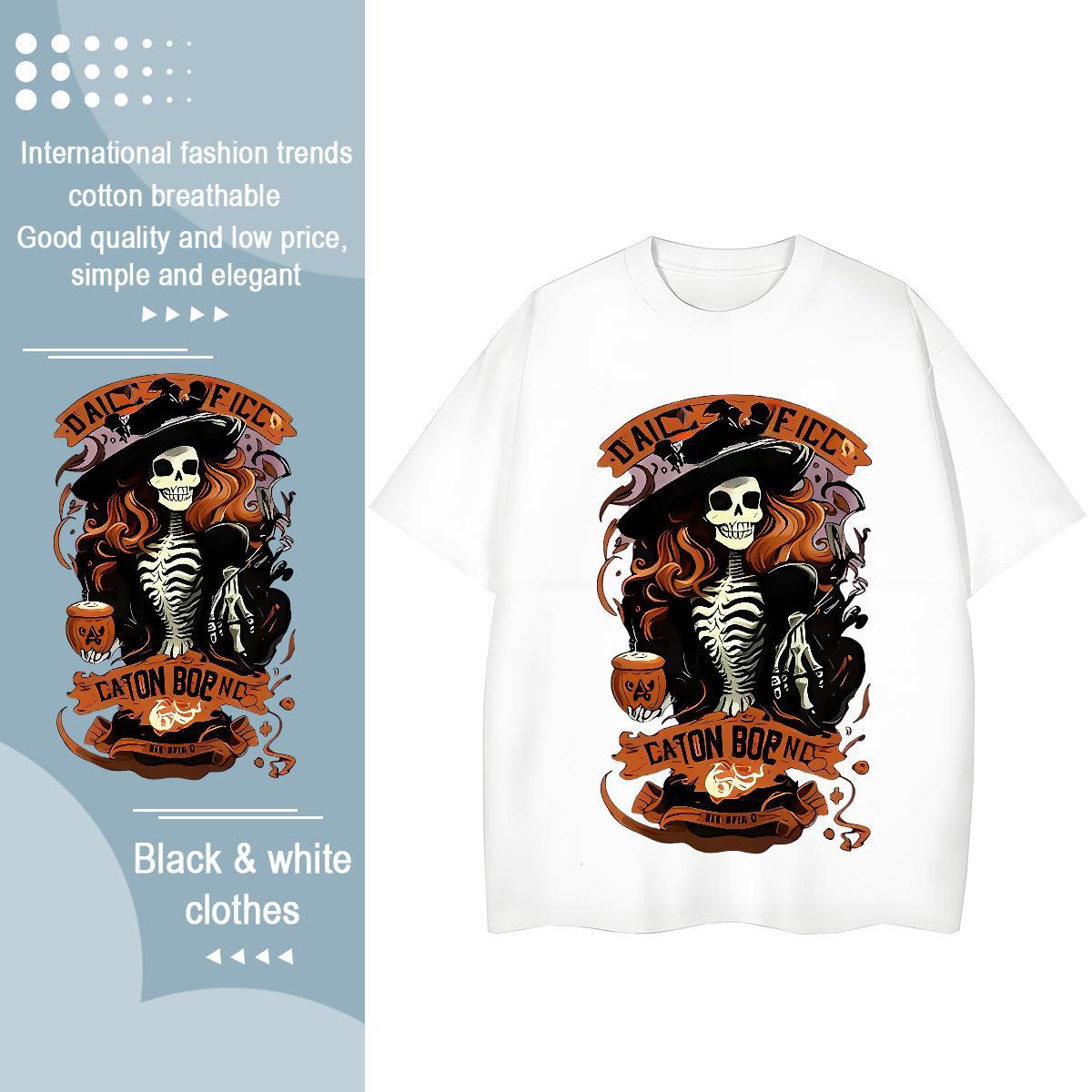 Fashion Womens T Shirts 230g Pure Cotton Breathable Crew Neck Casual skull Unisex Tshirts Popular Anime Wear