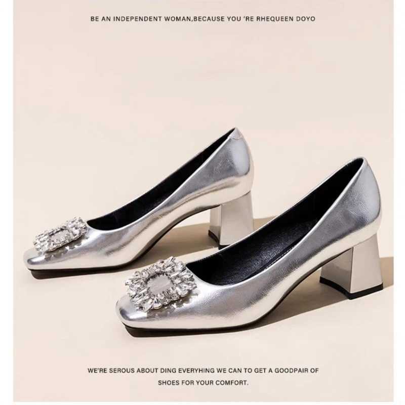 French temperament silver high heels women soft leather spring and autumn new thick heel square head crystal single shoes S04LX241014