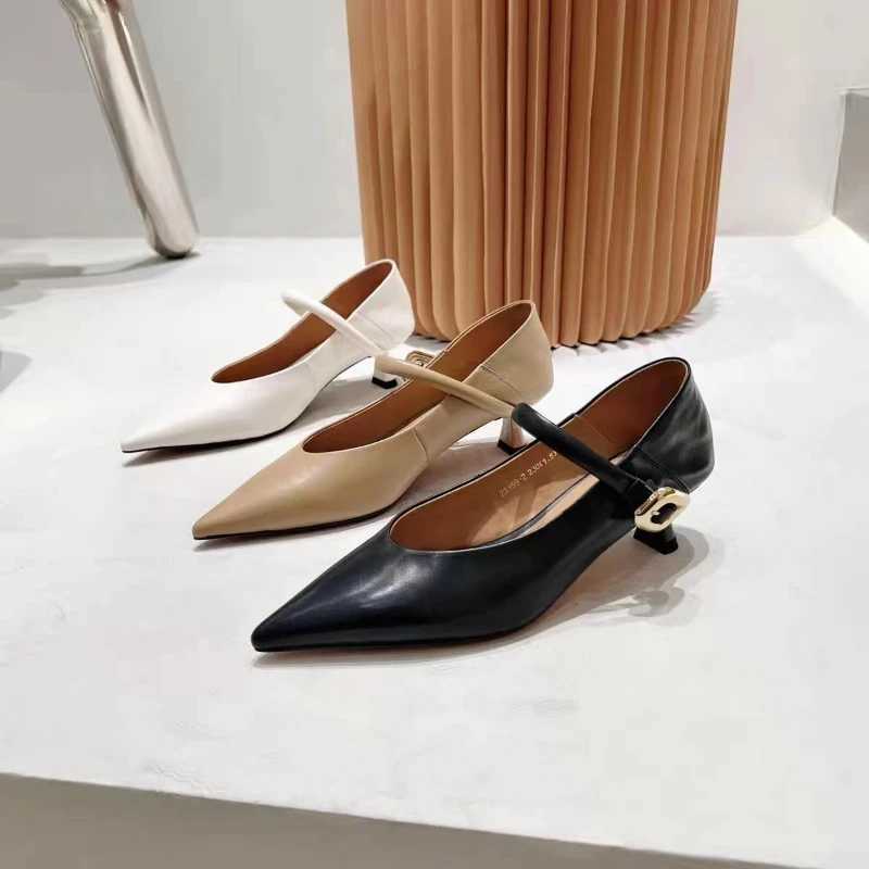 High Heels Women 2024 New Genuine Leather Spring Shoes Women Fashion Womens Dress Shoe Metal buckle shoesLX241014