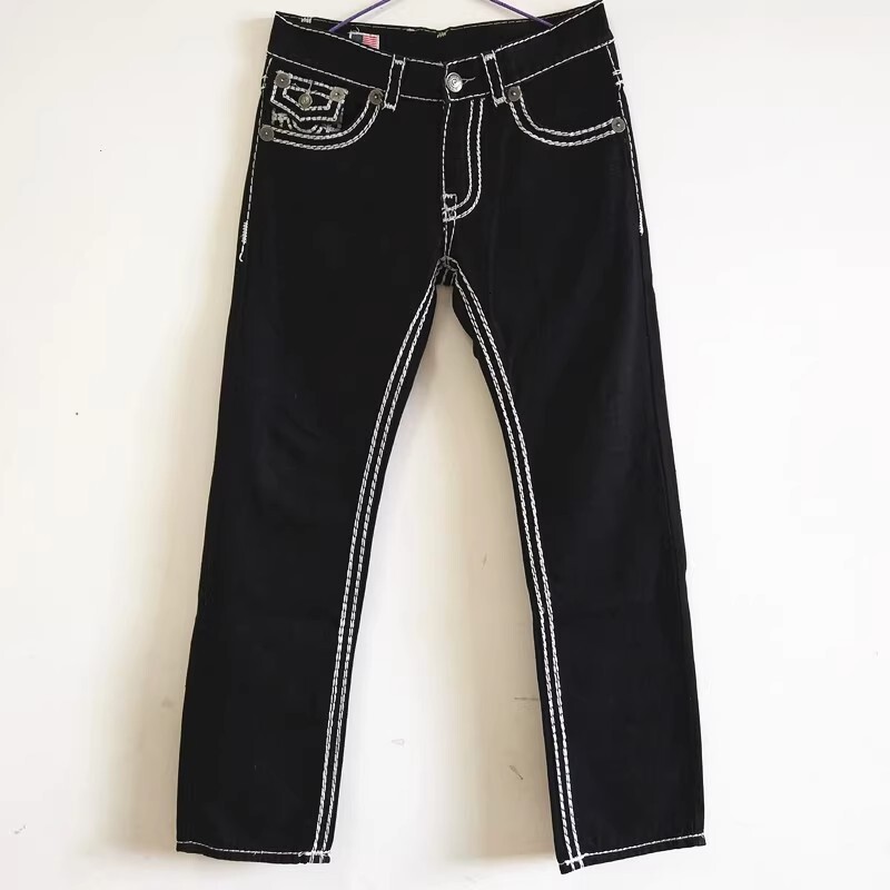 e-commerce European and American rock style jeans men's white thick thread faith plus size loose straight leg pants black designer