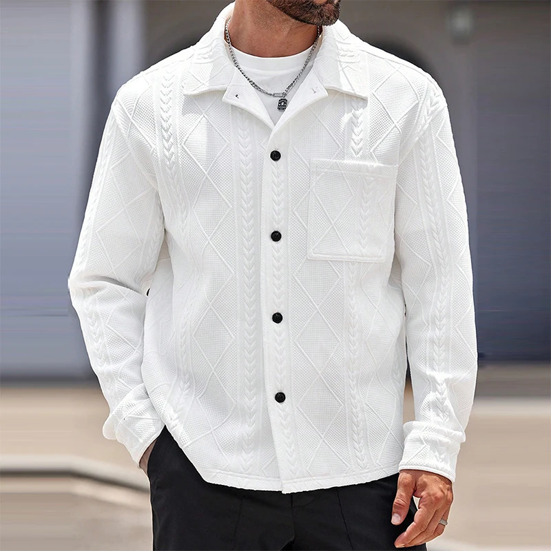 Stylish Turn-down Collar Button-up Mens Jacket 2024 Autumn Fashionable Jacquard Solid Color Jackets For Men Vintage Cardigan Top 241011