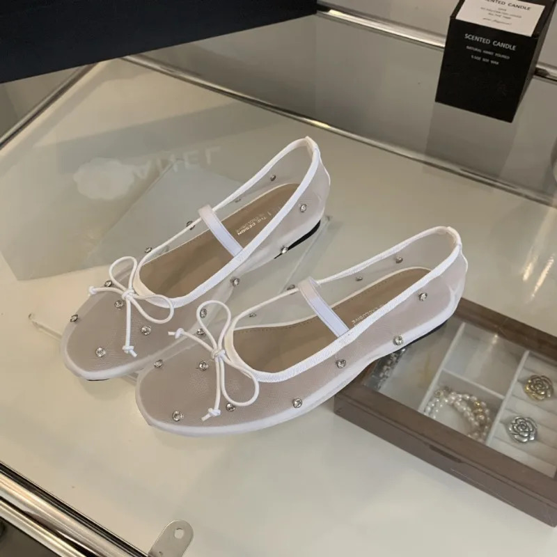 Rhie Mesh Breathable Shallow New Mouth Single Flat Bow Ballet Mary Jane Womens Shoes 241014