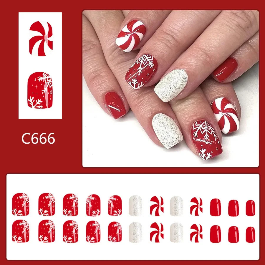 Christmas Nail Art Press-On Nails Set Short Squre Nail with Holiday Elements Removable Santa Snowflake Pattern Manicure Kit 241014