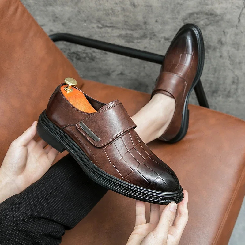 Brown Leather Loafers: Buckle Strap Round Toe Formal hot Wedding Shoes for Men