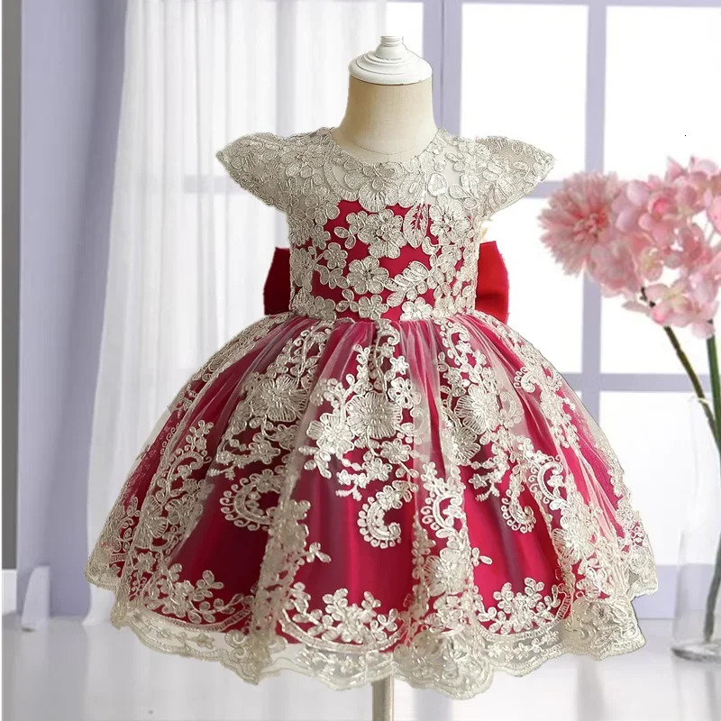 Elegant Girls Dress Golden Vintage Formal Gown Princess Embroidery Dresses for Girl Baby Wedding Baptism Party Lace Dress 241014