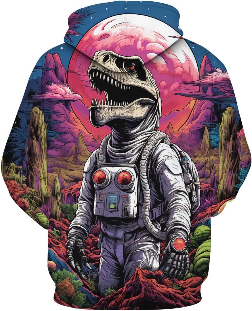 Hoodie for Mens Womens Mens Trippy Dinosaur Astronaut Skeleton Cool Graphic Hoodies Hooded 3D Animal Skull Sweatshirts Pullover Graphic Trendy Fashion