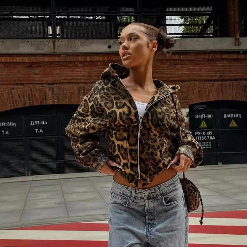 DEEPTOWN Y2k Leopard Print Hoodie Vintage Streetwear Irregular Slim Sexy Cheetah Zipper Hooded Sweatshirt Autumn 241009