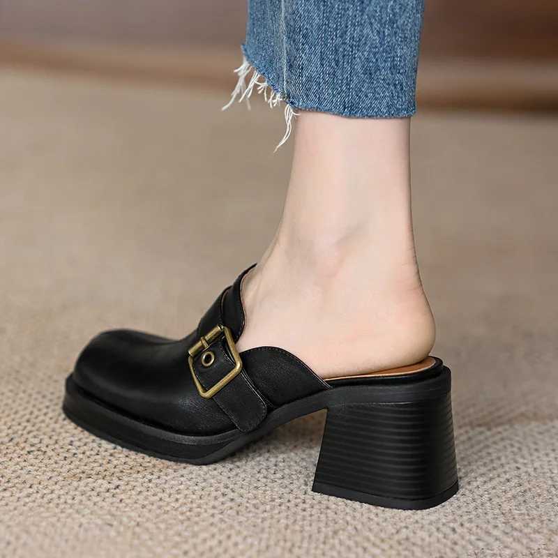 Baotou Half Slippers Womens New Commuter Thick Heels Thick Sole Outer Wear Muller Shoes Belt Buckle High Heels Women ShoesLX241014