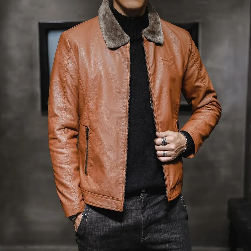 Mens Leather Jacket Autumn and Winter Lapel Collar Middle-aged and Elderly Mens Clothing with Thick Velvet and Trend 241011