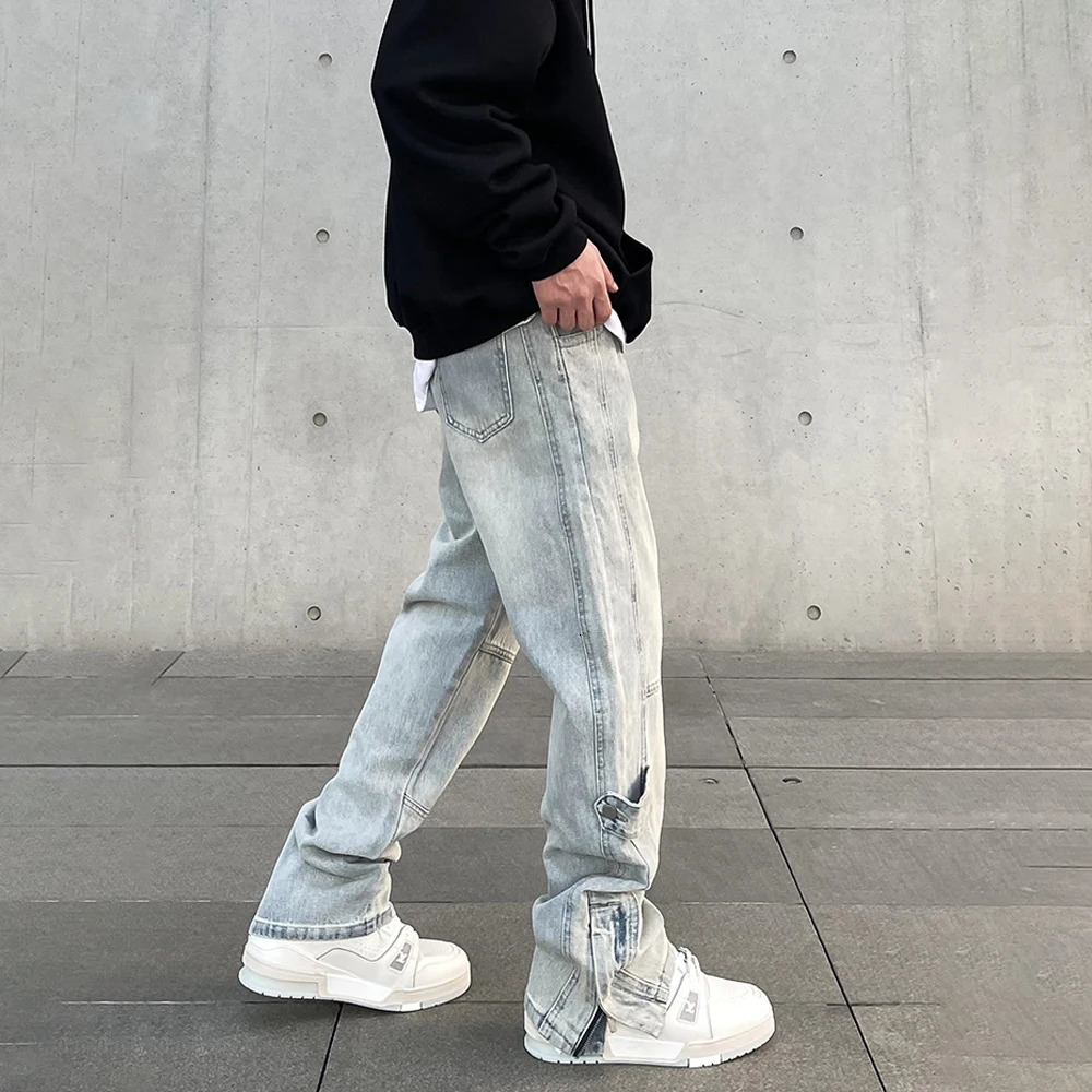 Streetwear Jeans Men Y2k Autumn Fashion Casual Zip Flared Trousers Slim Blue Vintage Winter Stacked Street Original Denim Pants 241011
