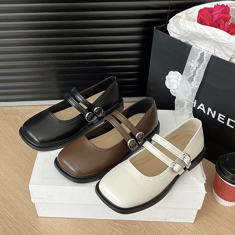 2025 new Mary Jane White Kawaii Heels Square Toe Flat Buckle Pumps for Women Outdoor Concise Sweet Lovely Style Dress Party Shoes 241014