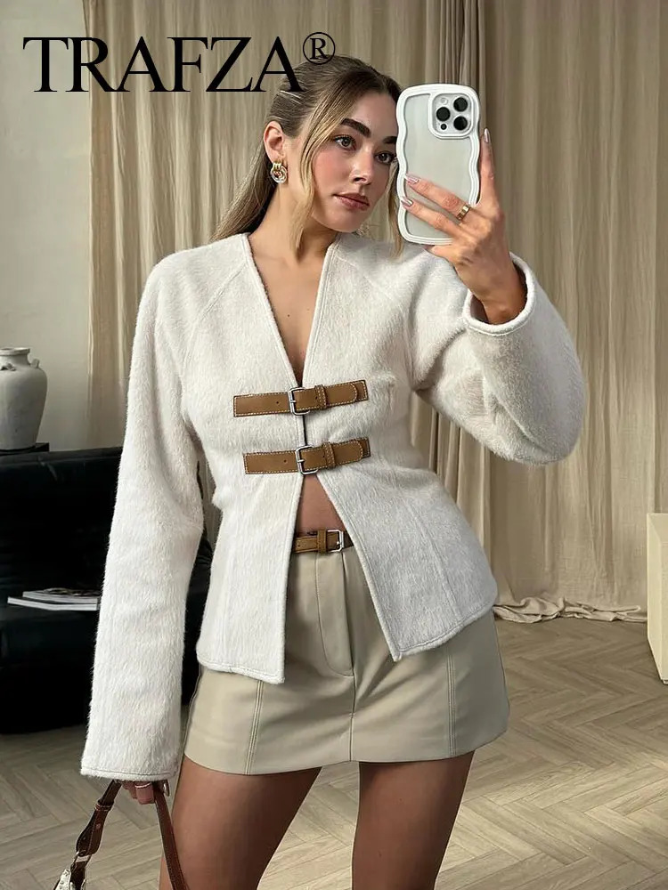 TRAFZA Retro Leather Buckle Woolen Coat Women Fashion Solid V Neck Long Sleeve Beige Jacket Autumn Spring Chic Female Streetwear 241009