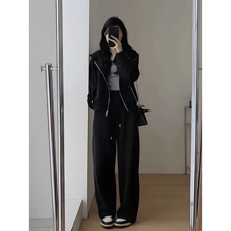 2024 Autumn Winter Solid Loose Womens Hoodie and Sweatpants Two Piece Set Korean Fashion Y2k Zip Up Hoodie Sweatshirts 241010