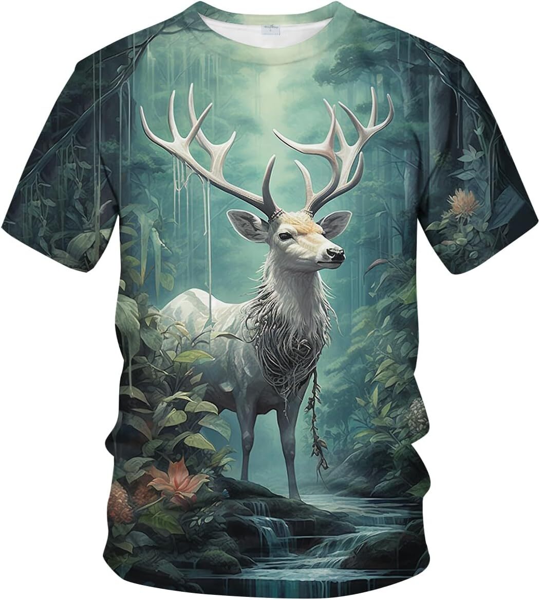 Mens T shirt Deer Hunting Colorful Pattern Shirt Art Print White Deer Cool graphic tee Casual tops summer clothes cool