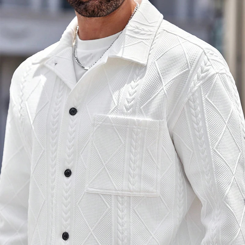 Stylish Turn-down Collar Button-up Mens Jacket 2024 Autumn Fashionable Jacquard Solid Color Jackets For Men Vintage Cardigan Top 241011