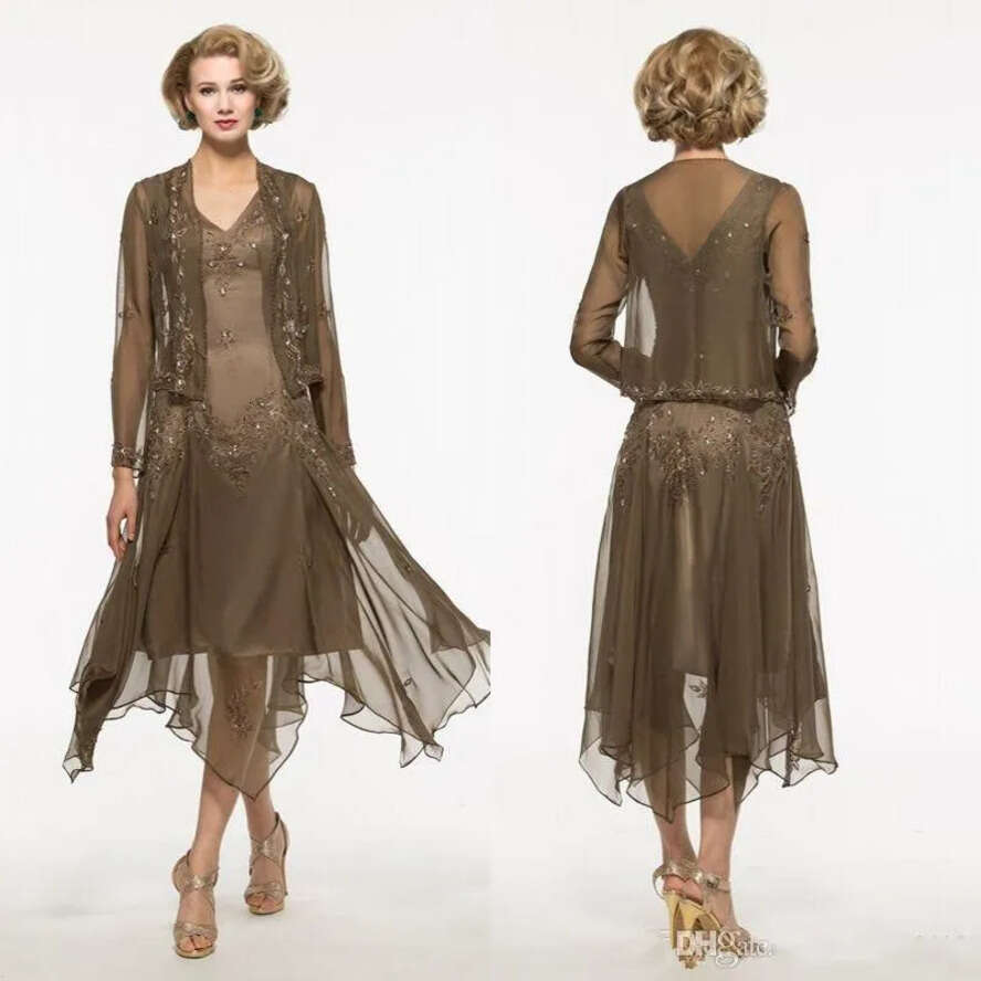New Off Dresses Modern Chiffon Embroidery Beads Crystal Long Sleeves Knee Length With Jacket Mother Of The Bride Dress