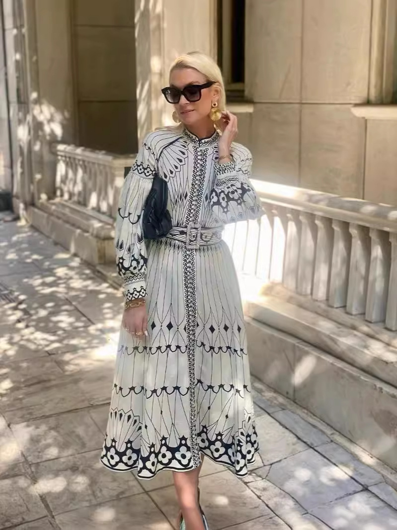 Floral Printed Long Dresses For Womens Spring Fall Long Sleeve Dress New Cardigan Linen Lace Up Skirt