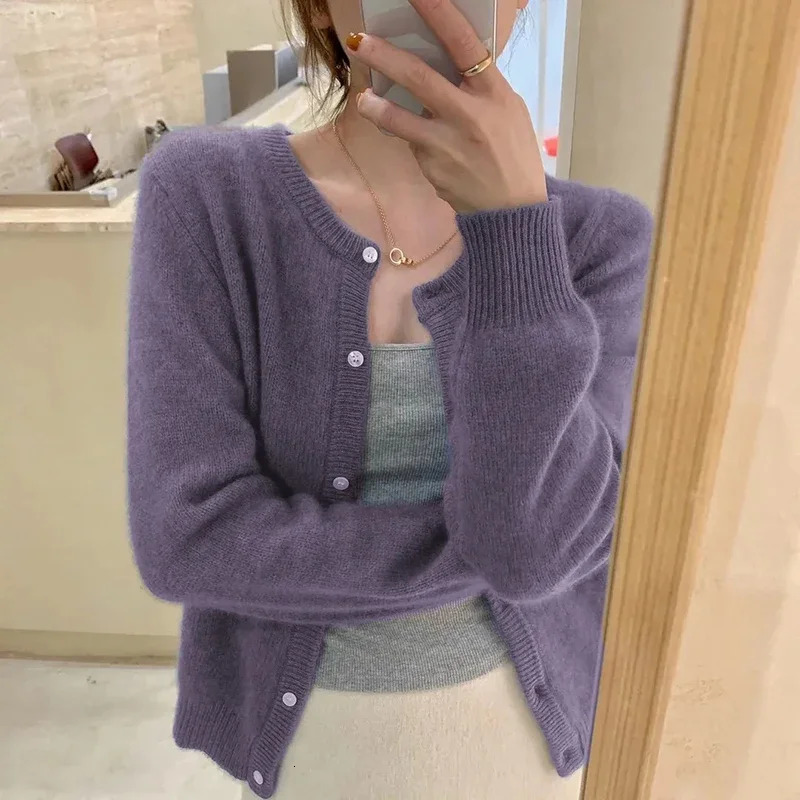 Fall Solid Color Knitted Cardigan Women Korean Single Breasted Long Sleeve Jumper Woman Round Neck All Match Sweater Outwear Top 241009