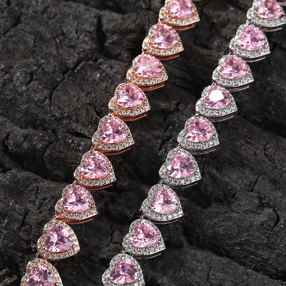 Hot Selling Pink Love Heart Beaded Choker Necklaces Chain Fine Quality Ins Personalized Trendy Cool Copper Iced Out Prong Cubic Zirconia Spicy Necklac