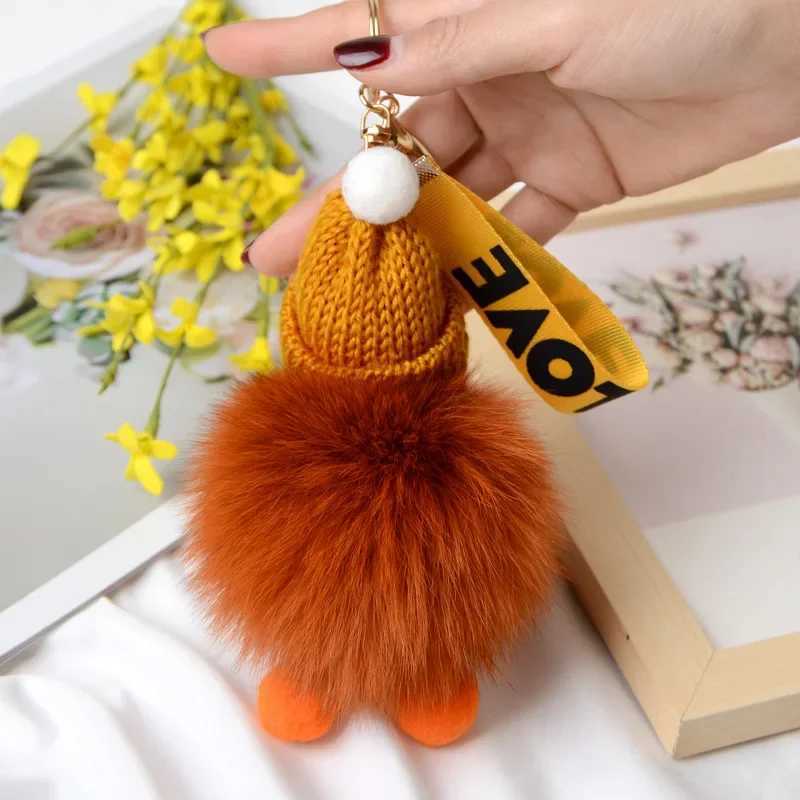 Cute sleeping baby fluffy keychain real fox fur doll keychain plush doll pendant fashionable keyholder car keyring womens bag Y241014