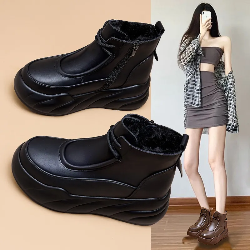 Designer Boot Hairy Snow Boots Female Fur One Winter 2024 Plus Cashmere Large Cotton Warm Inside Height-Raising Daddy Shoes H240826