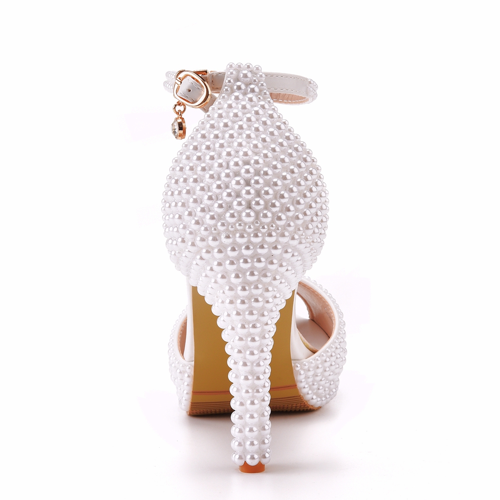 Crystal Queen Women Summer Sandals Sexy Bride Wedding Party White Shoes Peep Toe Thick High Heels Beige Pearl Platform Stilettos