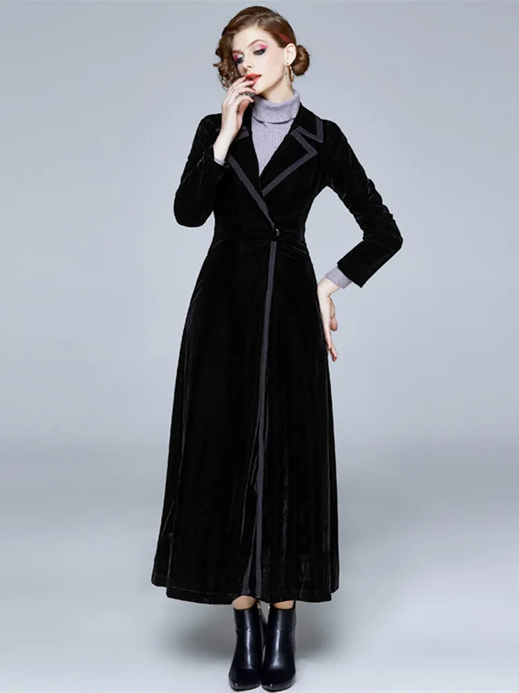 Winter Runway Women Vintage Notched Collar Wrap Black Velvet Maxi Overcoat Thick Warm Pocket Long Trench Coat Outwear 241010
