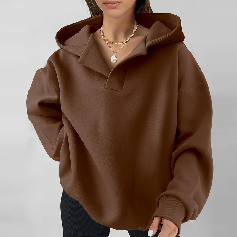 Winter Autumn Hooded Sweatshirts Elegant Women Long Sleeved Warm Thick Solid Pullovers Fashion High Street Loose Hoodies Female 241008
