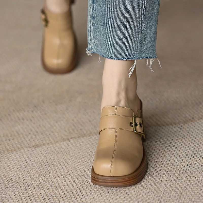 Baotou Half Slippers Womens New Commuter Thick Heels Thick Sole Outer Wear Muller Shoes Belt Buckle High Heels Women ShoesLX241014