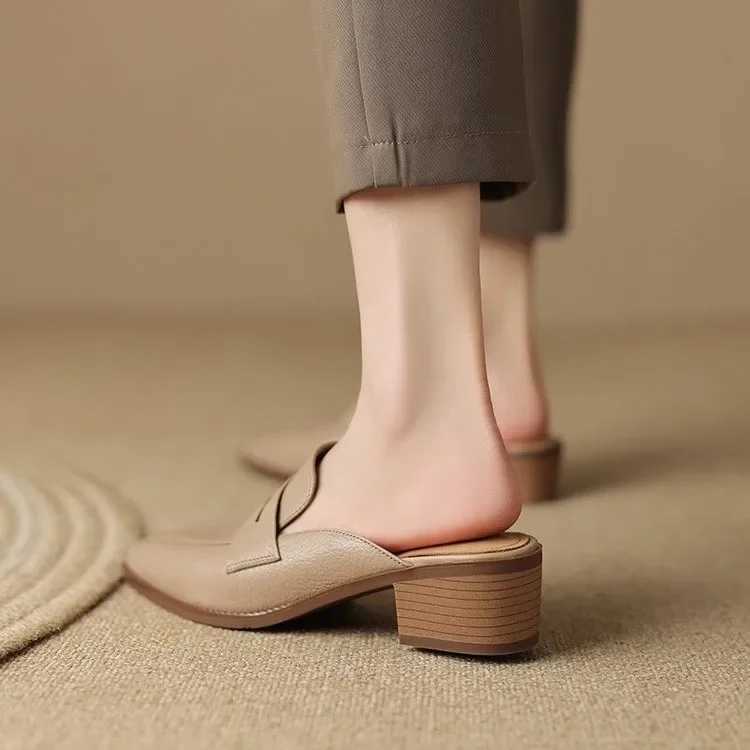 Summer Women Sandals Genuine Leather Shoes for Women Pointed Toe Concise Modern Sandals Chunky Heel Women Mules Solid SlippersLX241014