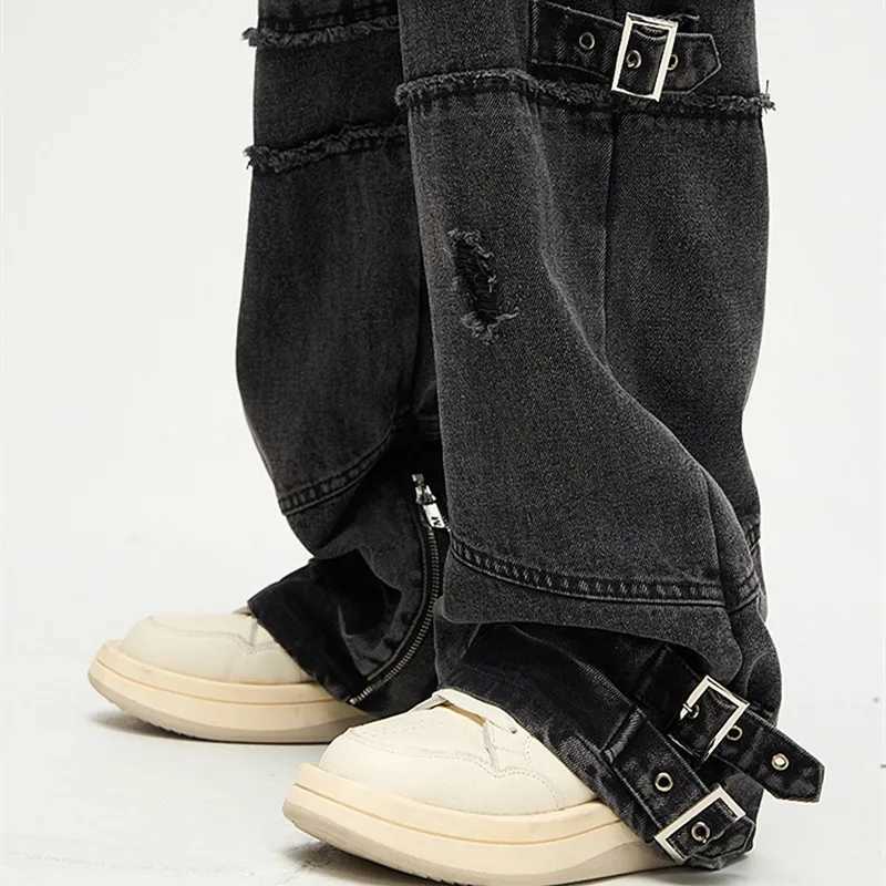 2023 And Y2K Streetwear Black Baggy Ripped Stacked Jeans Cargo Pants For Men Clothing Straight Denim Trousers Mens Pants X250220