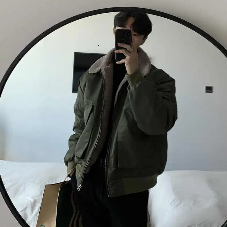 Winter thickened lapel cotton coat for men Korean style trendy Hong Kong style velvet cotton coat pilot jacket loose cotton 241011