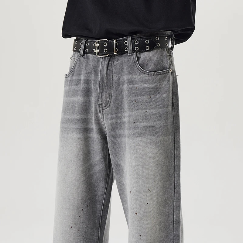 Gray Gradient Washed Sashes Flare Jeans Mens Streetwear Baggy Y2K Bellbottoms Harajuku Loose Casual Denim Trousers Male 241011