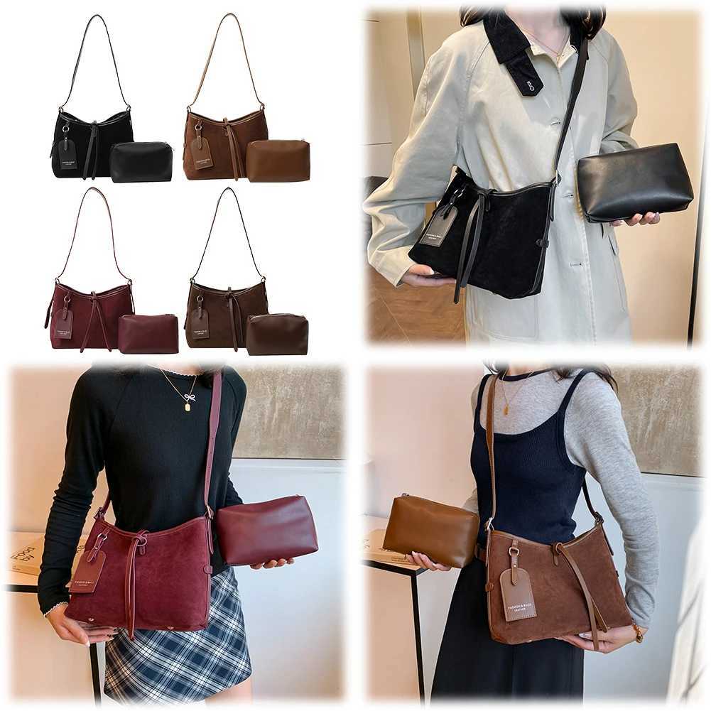Ladies Suede Shoulder Bag with Interior Pocket Retro Handbag Adjustable Strap Trendy Bucket Commuter Travel 241014
