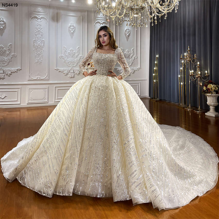 Long Square Neckine Sleeves Fluffy Wedding Dress