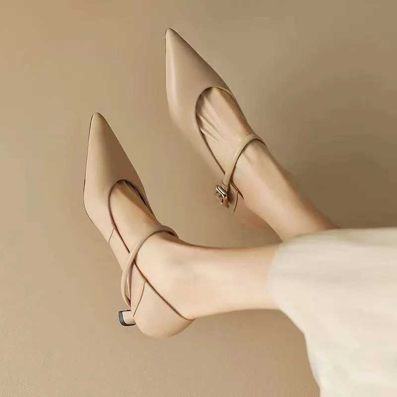 High Heels Women 2024 New Genuine Leather Spring Shoes Women Fashion Womens Dress Shoe Metal buckle shoesLX241014