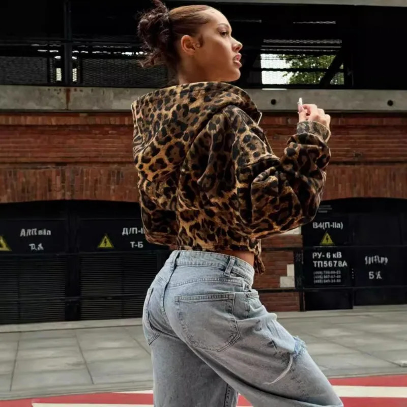 DEEPTOWN Y2k Leopard Print Hoodie Vintage Streetwear Irregular Slim Sexy Cheetah Zipper Hooded Sweatshirt Autumn 241009