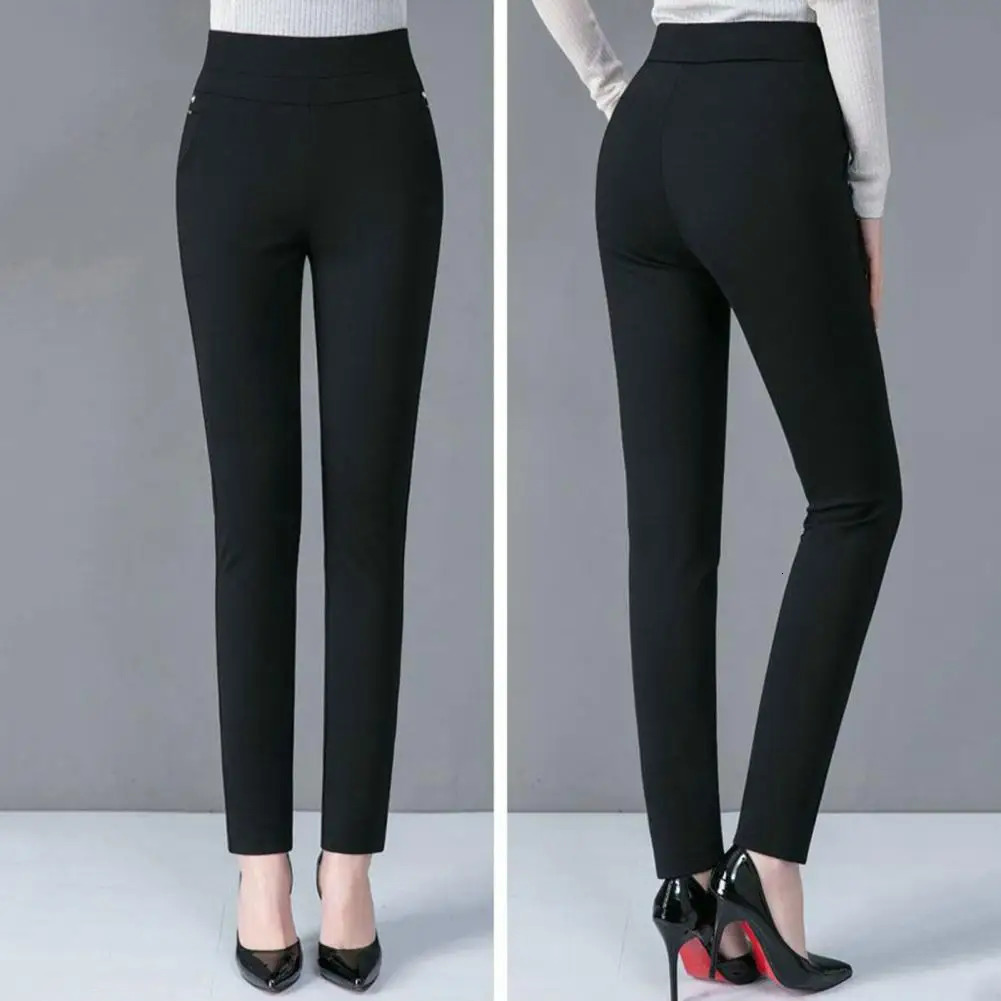 Women Pencil Pants Casual High Waist Lady Fall Trousers Solid Color Elastic Pockets Female Clothing 241007