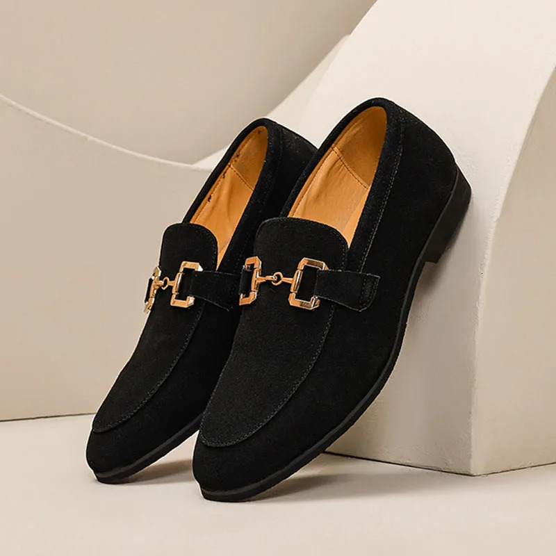 Britain Fashion Retro Men Pointed Black Slip On Flats Suede Leather Shoes Casual Loafers Formal Dress Footwear Zapatos Hombre 241014