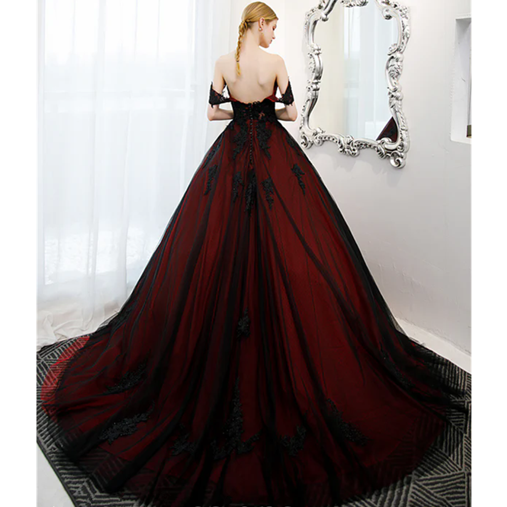 Gothic Black and Dark Red Wedding Dresses Off The Shoulder Beading Lace Up Long Black Burgundy Bridal Gowns Vestidos novias