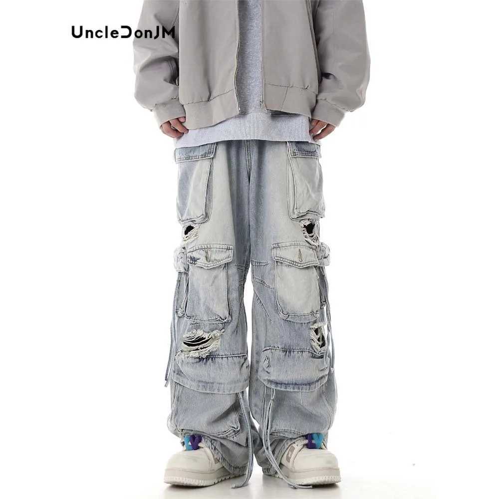 Multi Pocket Cargo Jeans Hip Hop Streetwear Pants for Men Distressed Ripped Baggy Jeans Dropshipping X250220