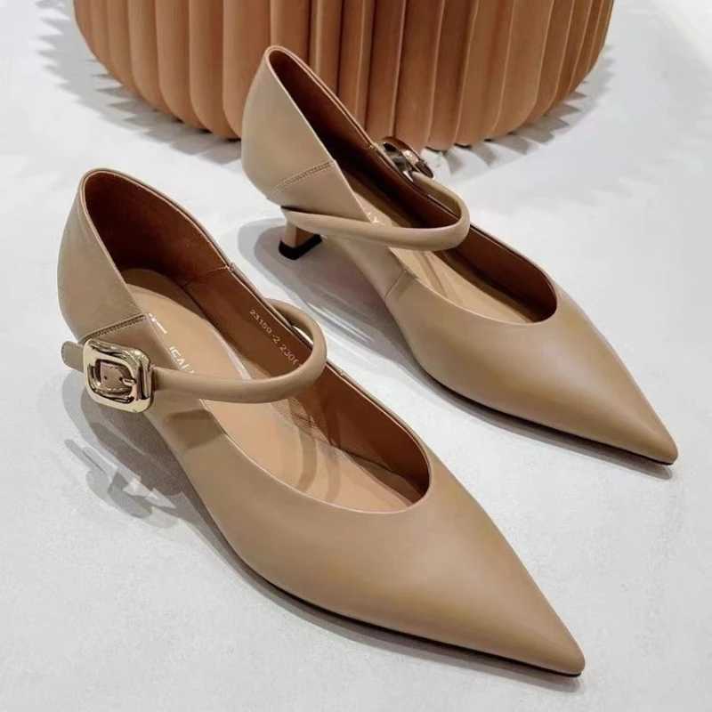 High Heels Women 2024 New Genuine Leather Spring Shoes Women Fashion Womens Dress Shoe Metal buckle shoesLX241014